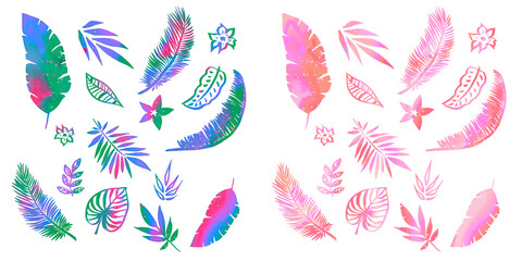 Hand drawn palm tropical leaves pink and blue  © KatDoroni Art Studio