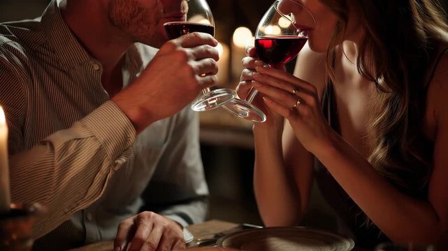 Couple celebrates special occasion with candlelight dinner and wine toast in a cozy, intimate setting during a romantic evening