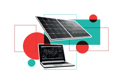 retro collage of business tools like laptop and solar panel placed together representing solar-powered solutions, black and white realistic objects with white