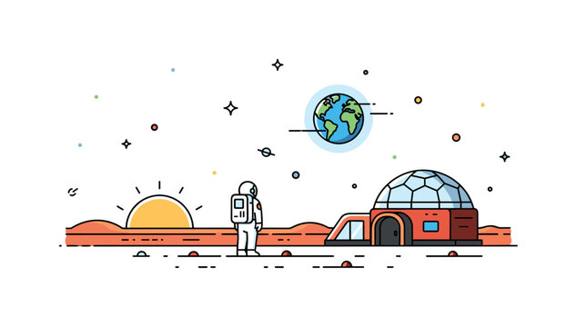 Mars sunset outside a tiny habitat dome where an astronaut quietly watches the horizon with the planet Earth glowing faintly in the sky. The peaceful moment