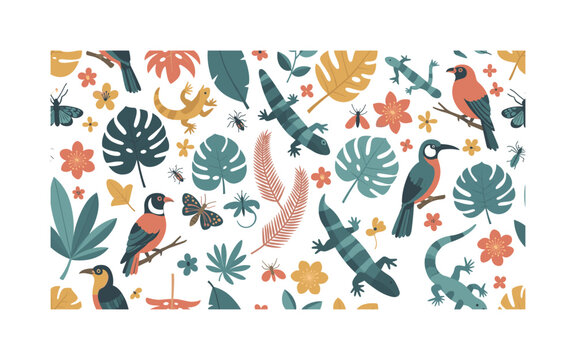 island endemic wildlife seamless pattern, rare birds lizards insects and tropical plants that exist only on islands arranged in a repeating pattern, white