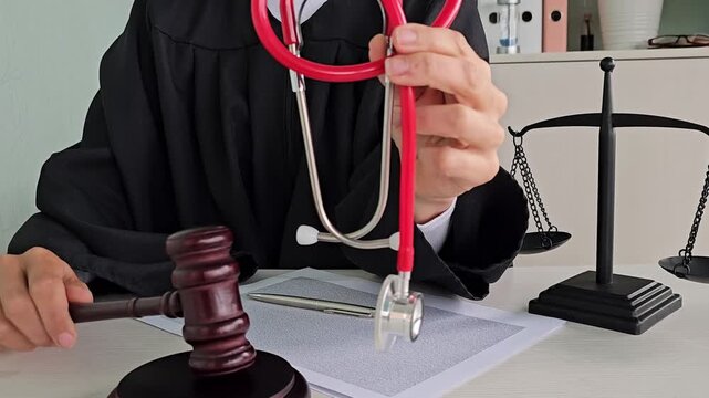 Judge holds stethoscope in court showing the connection between law and health in the medical legal field