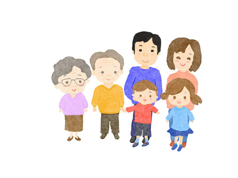 祖父祖母とパパママと娘と息子が揃った家族イラスト！
