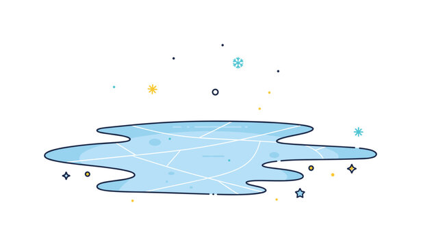 Frozen water surface showing a smooth icy sheet with subtle crack patterns and tiny snowflake accents drifting above. The illustration captures the still and