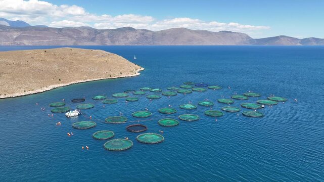 Aerial drone cinematic video of aquaculture fish farm cages producing sea breem and sea bass in deep blue Mediterranean sea