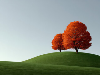 Naklejka premium Two vibrant orange trees stand on green hill under clear sky, creating peaceful and idyllic landscape scene