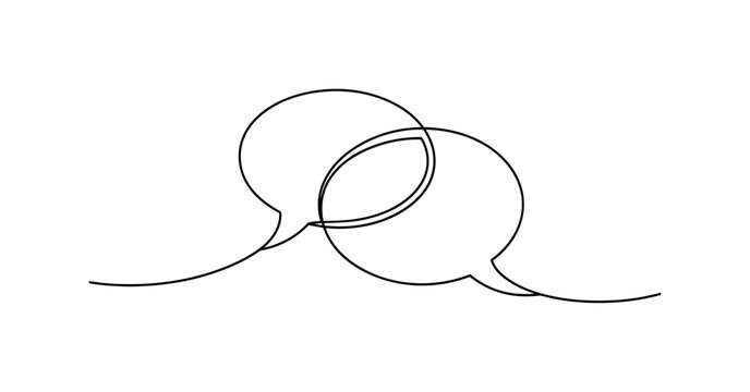 Speech Bubble Connection. Minimalistic one-line drawing two overlapping speech bubbles linked by curved line representing dialogue bridge, continuous single