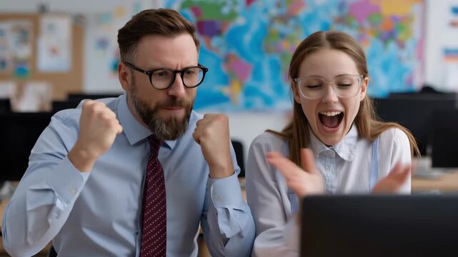Excitement fills the classroom as an upbeat teacher and student celebrate a shared success while watching a computer screen in a bright learning environment