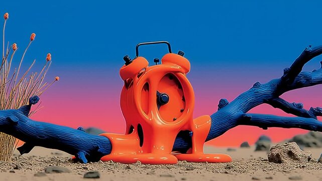 Vibrant orange alarm clock melting on blue branch in surreal desert landscape under dusk sky