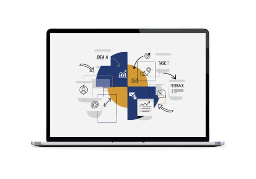 monochrome laptop screen displaying a digital brainstorming board with floating sticky notes and icons, intersecting semicircles and geometric rectangles