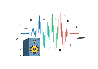 Live music sound dynamics visualized with a small stage speaker and fluctuating sound wave lines capturing the rhythm and energy of a performance. The scene
