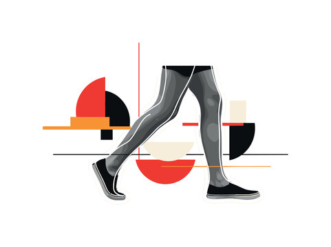 human legs crossing busy street abstract semicircles lines and geometric blocks symbolizing everyday urban rhythm black and white retro legs with white outline