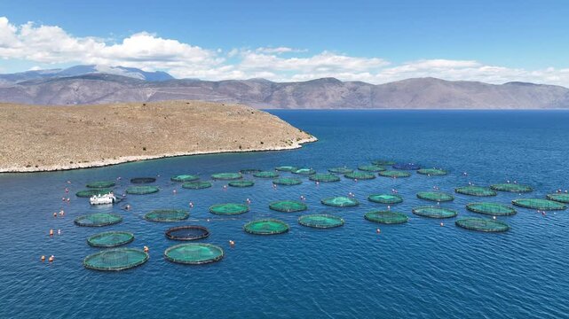Aerial drone cinematic video of aquaculture fish farm cages producing sea breem and sea bass in deep blue Mediterranean sea