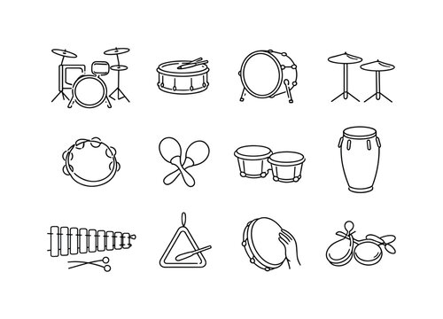 Percussion Instruments Set. Minimalistic set one-line drawing drum kit, snare drum, bass drum, cymbals, tambourine, maracas, bongos, conga drum, xylophone,