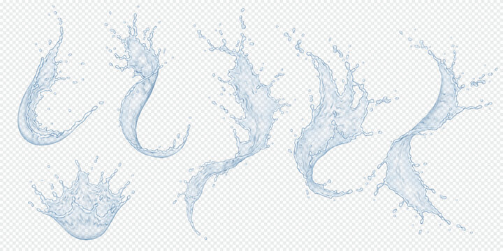 Collection of realistic water splashes with varied shapes on a transparent background perfect for design projects requiring fluid elements and dynamic effects.