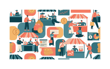 Naklejka premium travel spending and local markets seamless pattern, tourists buying souvenirs food and services with coins shopping bags and charts arranged in a repeating