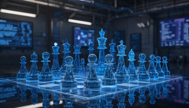 Digital strategy concept featuring a holographic chess set on a glowing board in a high-tech environment
