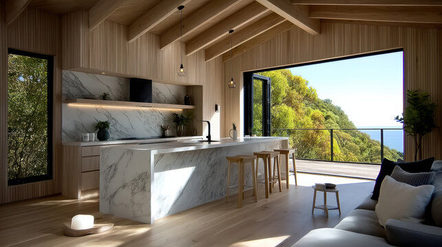 Modern kitchen with marble island, wood panel wall, large floor to ceiling windows, open concept, natural light, ocean view, minimalist style