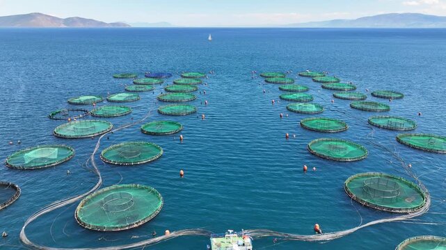 Aerial drone cinematic video of aquaculture fish farm cages producing sea breem and sea bass in deep blue Mediterranean sea