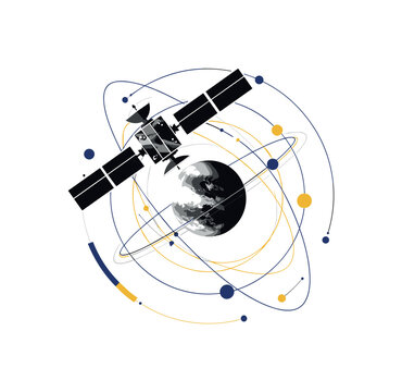 black and white satellite orbiting around a spherical planet, cut-out collage objects with white outline, thin circular orbit rings and geometric arcs showing