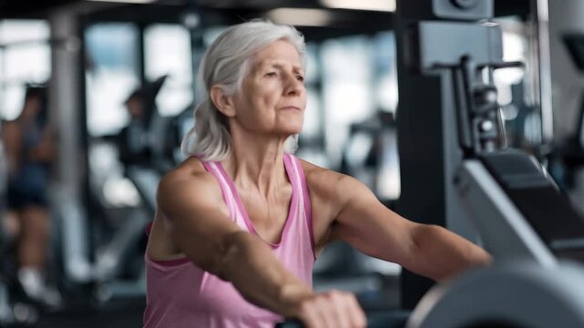 Senior woman engages in rowing exercise to maintain fitness and health during a gym session in the morning