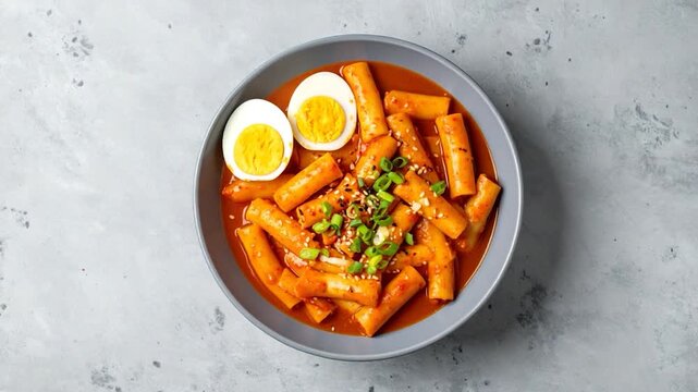 A circular grey bowl filled with Korean tteokbokki, halved boiled eggs, and garnishes