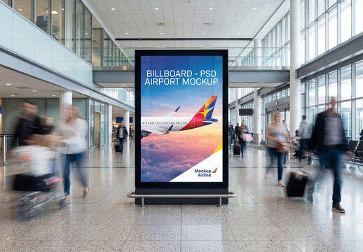 Vertical Billboard In Bright Clean Airport Interior Mockup