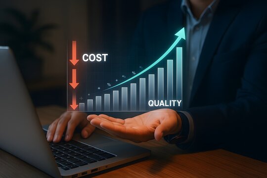 Businessman interacts with a holographic graph illustrating the simultaneous decrease in cost and increase in quality, representing optimized business performance and value.