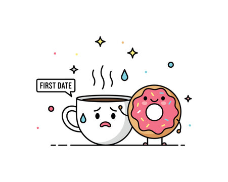 Awkward funny moment small coffee cup nervously sweating while a donut beside it smiles confidently. A tiny label First Date adds a playful and slightly absurd