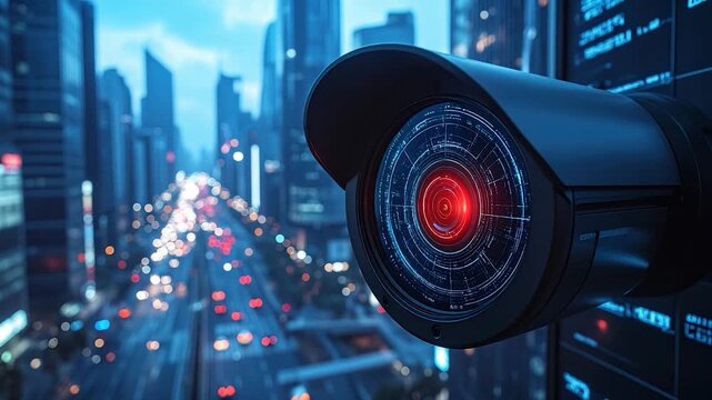A close-up of a high-tech surveillance camera overlooks a blurred cityscape with lights