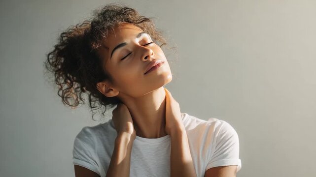 Inner Serenity: A portrait of serene contentment as a woman closes her eyes and tilts her head back, basking in the tranquil stillness.