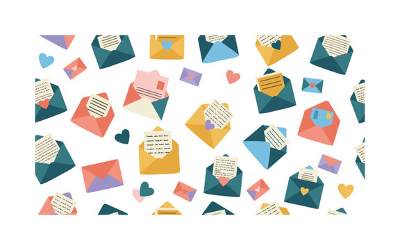 secret messages seamless pattern, whispered confessions, envelopes, letters, hearts, thought bubbles and gentle gestures arranged in a repeating pattern, white