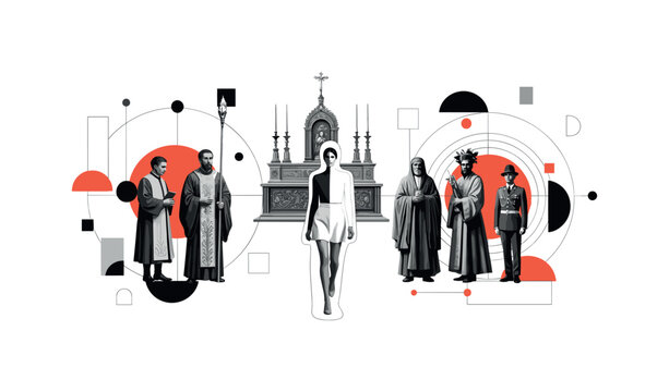 procession toward altar, geometric lines circles and abstract blocks representing tradition and reverence, black and white retro realistic figures layered with