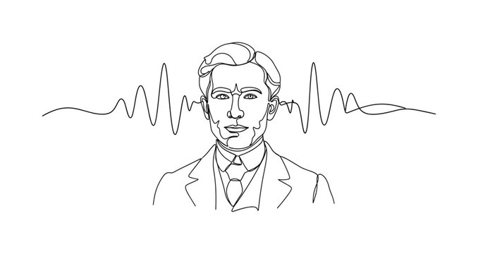 Physics Innovator. Minimalistic one-line drawing James Clerk Maxwell with symbolic electromagnetic waves, continuous single black line on white background,