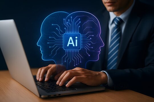 Focused businessman working on a laptop, with a glowing digital representation of two human heads connected by an ai circuit board, symbolizing artificial intelligence integration.