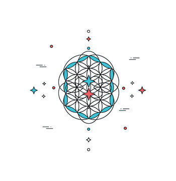 Flower of life sacred geometry pattern with interlocking circles forming a harmonious symmetrical design at the center. Subtle star accents highlight balance,