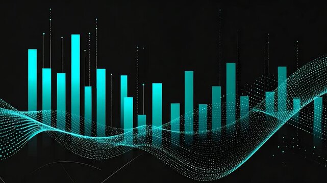 A digital visualization of data, featuring turquoise bar graphs and a flowing dot matrix over a black background