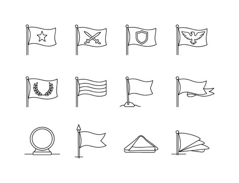 Army Flag. Minimalistic set one-line drawing waving military flag on pole, flag with star emblem, crossed swords insignia, shield crest symbol, eagle emblem