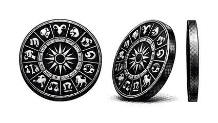 Zodiac wheel A realistic zodiac wheel with circular structure, segmented divisions, and engraved zodiac symbols, shown in three views including straight-on