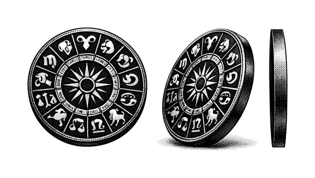Zodiac wheel A realistic zodiac wheel with circular structure, segmented divisions, and engraved zodiac symbols, shown in three views including straight-on