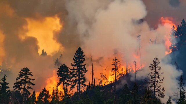A fiery forest scene depicts a hillside engulfed in flames, thick smoke billows into the sky