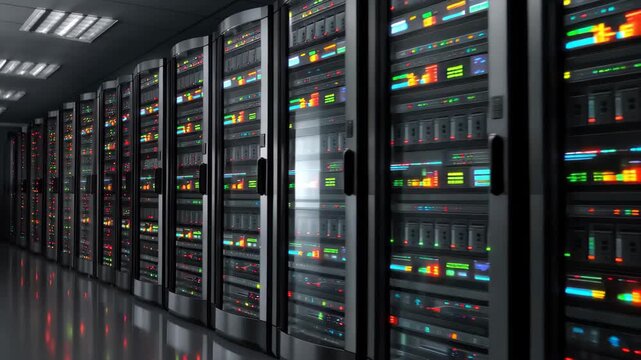 Rows of network servers illuminated inside a modern data center showcasing advanced technology and efficient data management