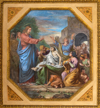 MONZA, ITALY - MARCH 19, 2026:  The fresco of The Raising of the Young Man of Nain in the church Chiesa di Santa Maria Maddalena by Giuseppe Carsana (1822 &ndash; 1889). 