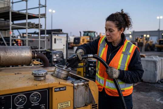 Construction worker in safety vest refueling a heavy-duty generator at a site during a fuel shortage. Concept of industrial energy needs, rising diesel costs, and maintaining essential services in 202