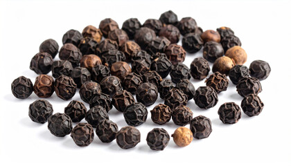 Fototapeta premium Scattered whole black peppercorns showing detailed textured surfaces on white
