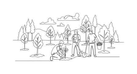 Naklejka premium Reforestation Effort. Minimalistic one-line drawing group of people planting multiple trees in forest clearing, continuous single black line on white