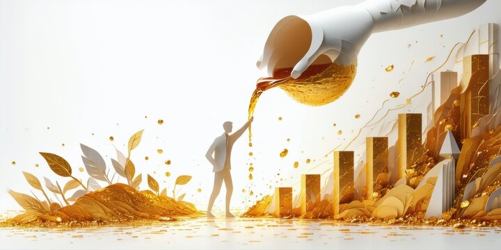 Liquid flows from funnel toward person, plants, rising bar graph. Golden hues dominate scene, suggesting growth, investment.