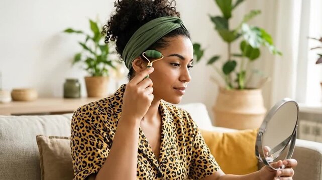 Young woman using jade roller for facial massage with mirror reflection, self-care routine