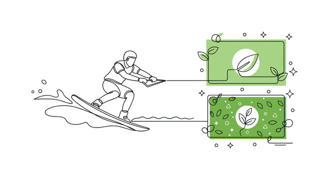 Wakeboarding Action Pose. Minimalistic one-line drawing wakeboarder leaning and carving across water surface, continuous single black line on white background,