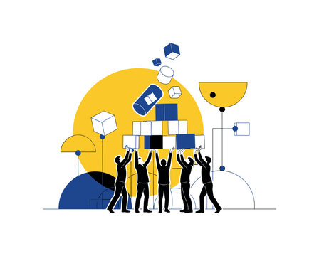 black and white office team lifting abstract blocks together to build a structure, cut-out figures with white outline effect, bold yellow circle behind